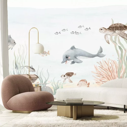 Fotobehang Aquarel onderwaterwereld met vissen, dieren en piratenschatten