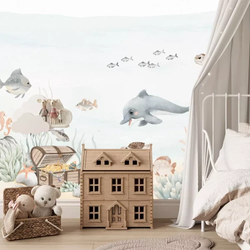 Fotobehang Aquarel onderwaterwereld met vissen, dieren en piratenschatten