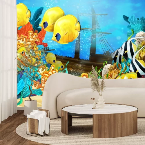 Fotobehang Koraalrif met vissen en onderwaterlandschap van scheepswrakken