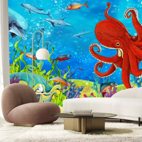 Fotobehang Kleurrijk koraalrif met vissen, dolfijnen en octopussen, Sea World
