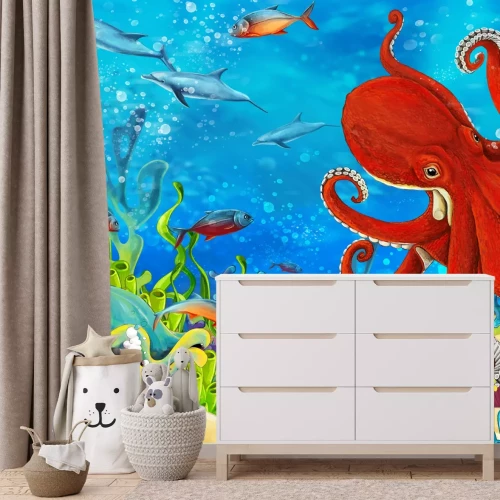 Fotobehang Kleurrijk koraalrif met vissen, dolfijnen en octopussen, Sea World