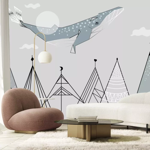 Fotobehang Abstract landschap met bergen en een walvis, sprookjesachtig kinderpatroon