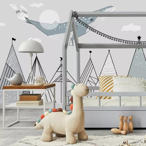 Fotobehang Abstract landschap met bergen en een walvis, sprookjesachtig kinderpatroon