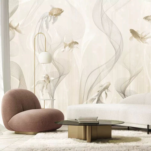 Fotobehang Vis op een beige achtergrond met abstracte lijnen, modern patroon