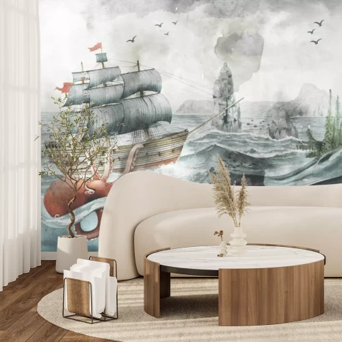 Fotobehang Aquarelpatroon voor kinderen met zeegezicht met vissen, octopussen en schepen