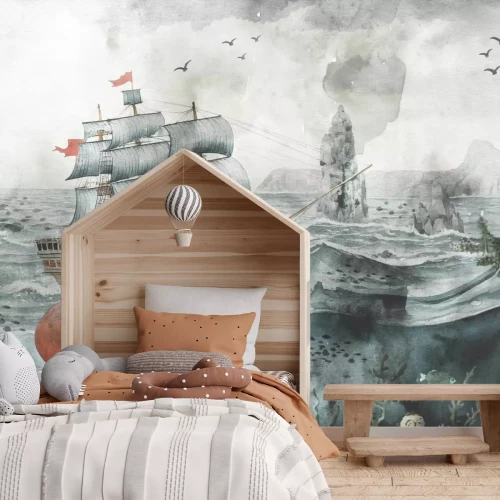 Fotobehang Aquarelpatroon voor kinderen met zeegezicht met vissen, octopussen en schepen