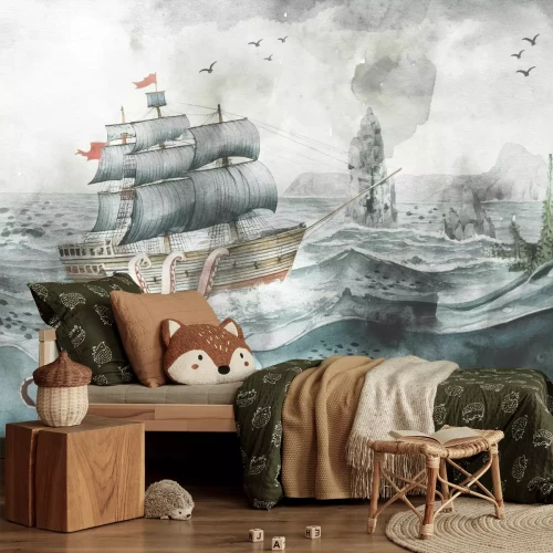 Fotobehang Aquarelpatroon voor kinderen met zeegezicht met vissen, octopussen en schepen