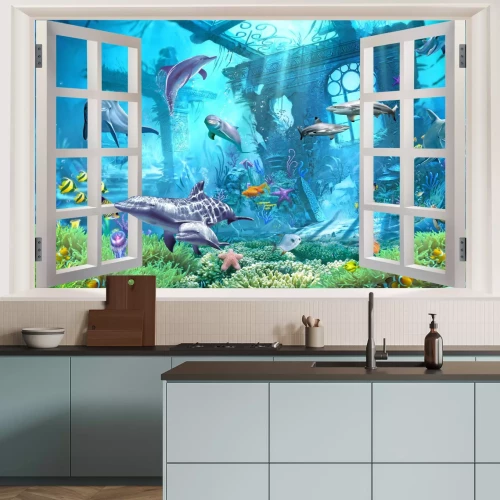 Fotobehang Een raam met uitzicht op vissen en planten in een onderwaterlandschap