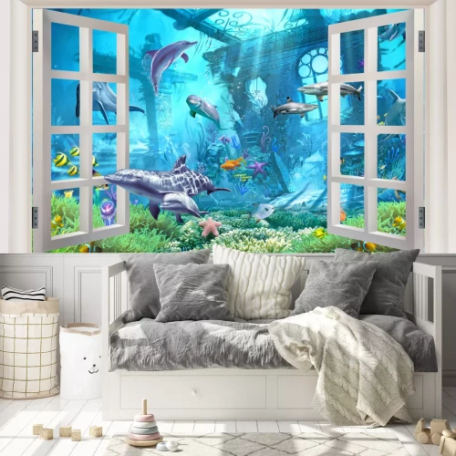 Fotobehang Een raam met uitzicht op vissen en planten in een onderwaterlandschap