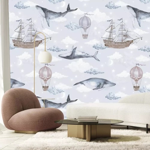 Fotobehang Walvissen, schepen en ballonnen tussen de wolken aquarelpatroon voor kinderen
