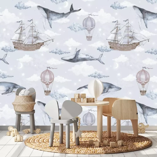 Fotobehang Walvissen, schepen en ballonnen tussen de wolken aquarelpatroon voor kinderen