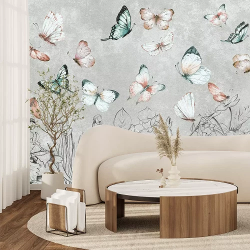 Fotobehang Aquarelpatroon van vlinders, motten en planten op een grijze achtergrond