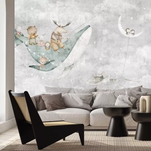Fotobehang Hemel met walvis, maan en dieren, sprookjespatroon voor kinderen