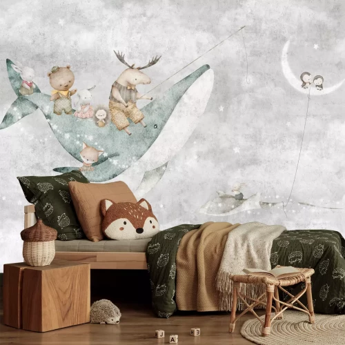 Fotobehang Hemel met walvis, maan en dieren, sprookjespatroon voor kinderen