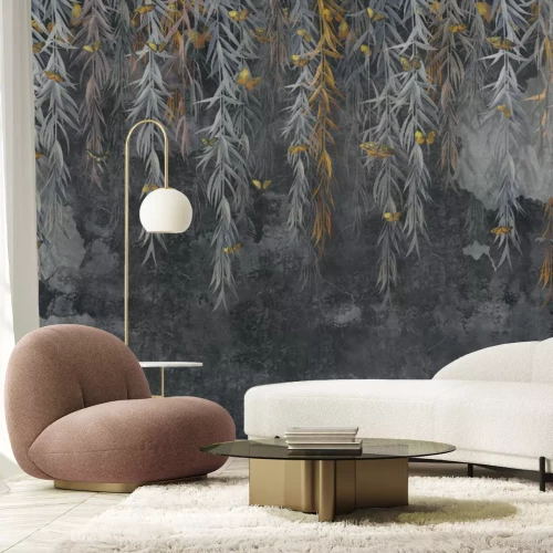 Fotobehang Wijnstokken hangen erboven en vlinders op een betonnen achtergrond