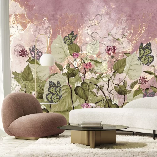 Fotobehang Vlinders tussen bloemen en bladeren op een betonnen achtergrond