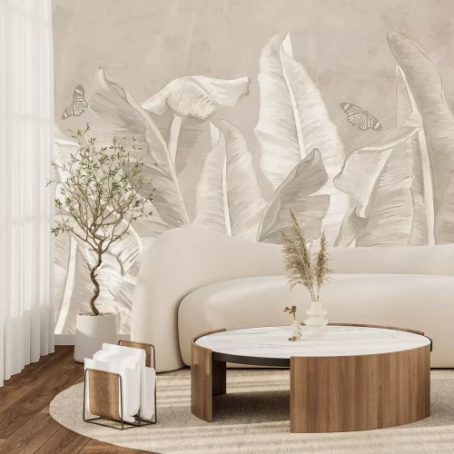 Fotobehang Vlinders en tropische bananenbladeren op een gestructureerde achtergrond, monochroom patroon.
