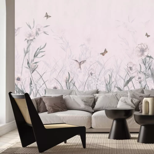 Fotobehang Kolibries en vlinders in een aquarelpatroon van een bloemenweide