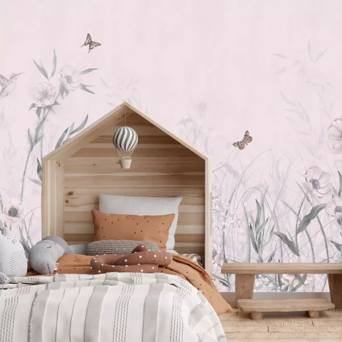 Fotobehang Kolibries en vlinders in een aquarelpatroon van een bloemenweide