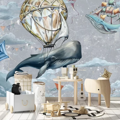 Fotobehang Waterverfpatroon met vissen, ballonnen en vliegers tussen de wolken in de lucht voor kinderen