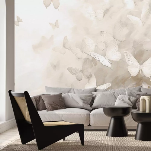 Fotobehang Minimalistisch patroon van witte en beige vlinders in monochrome stijl