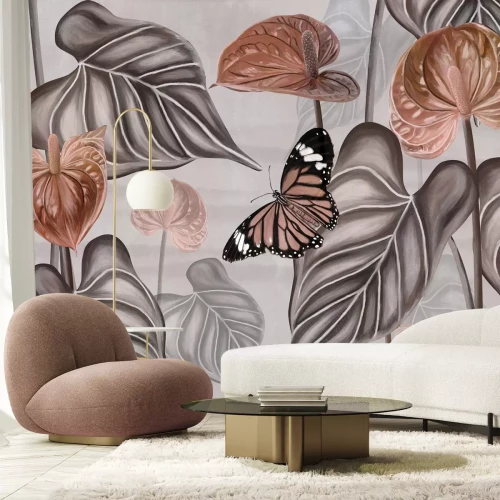 Fotobehang Grote bladeren en vlinders tussen exotische plantenpatroon op een grijze achtergrond