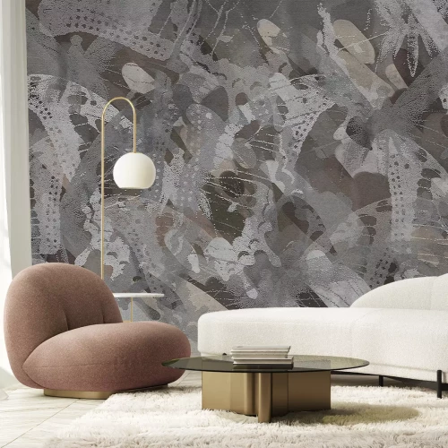 Fotobehang Een modern abstract patroon met vlinders in grijs- en bruintinten.