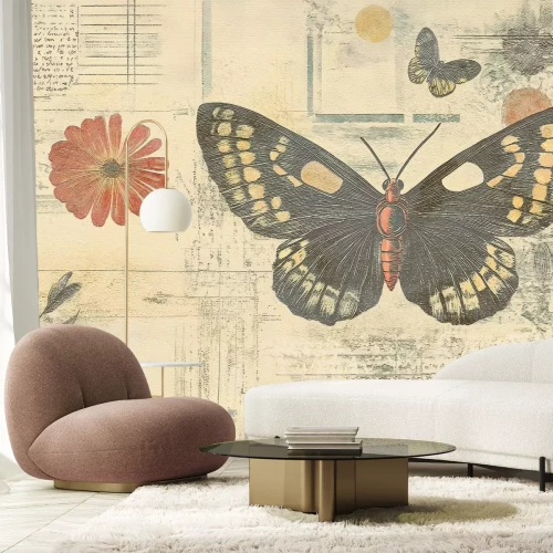 Fotobehang Retropatroon met vlinders, bloemen en bladeren, botanisch motief met een verouderd effect