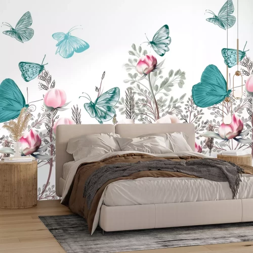 Fotobehang 3D-bloemen met vlinders op een kleurrijk weidepatroon op een witte achtergrond