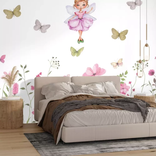 Fotobehang Kinderpatroon met een fee, vlinders en een kleurrijke weide, sprookjesmotief