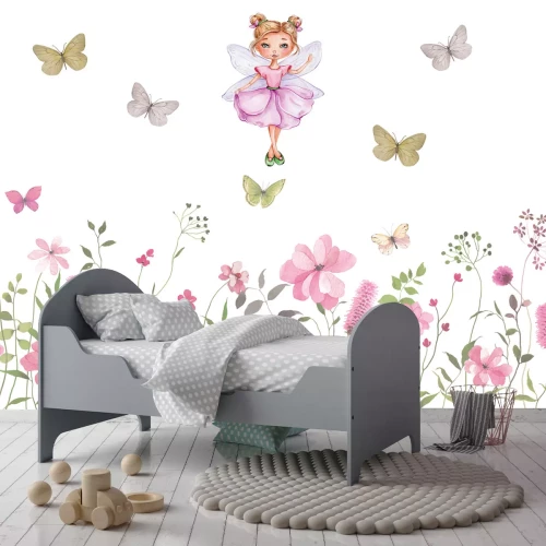 Fotobehang Kinderpatroon met een fee, vlinders en een kleurrijke weide, sprookjesmotief