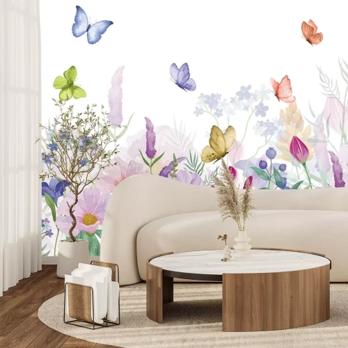 Fotobehang Een bloemenweide met kleurrijke vlinders op een witte achtergrond, een delicaat patroon.