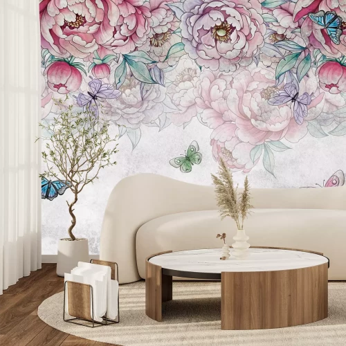 Fotobehang Aquarel pioenrozen, groene bladeren en vlinders op een lichtgrijze achtergrond, botanisch patroon