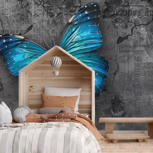 Fotobehang Blauwe 3D-vlinder op een modern patroon met een grijze betonnen textuur als achtergrond