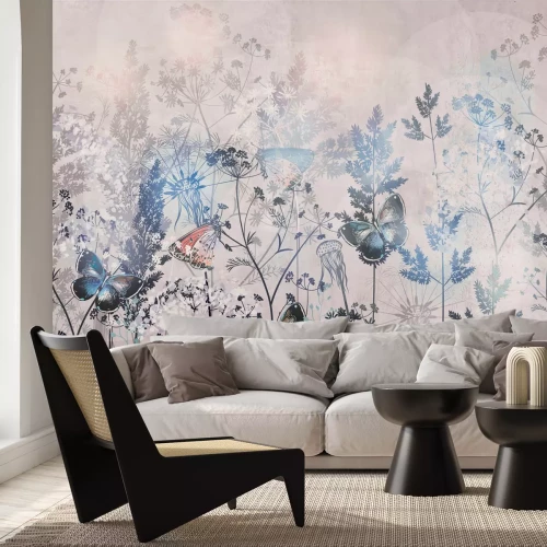 Fotobehang Illustratie van een weide met wilde bloemen en vlinders, botanisch landschap