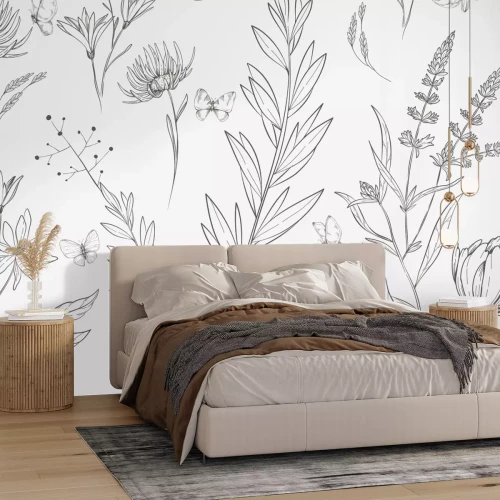 Fotobehang Schets van wilde planten met vlinders