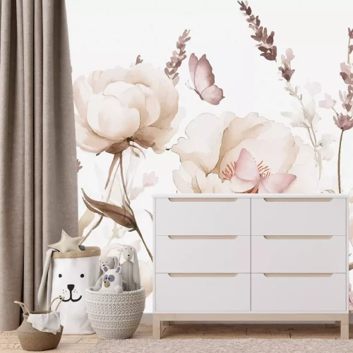 Fotobehang Vlinder en bloemen in een weide aquarel botanisch patroon geïnspireerd door de natuur