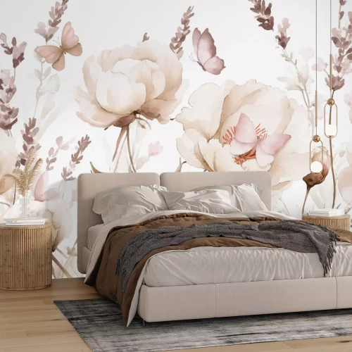 Fotobehang Vlinder en bloemen in een weide aquarel botanisch patroon geïnspireerd door de natuur