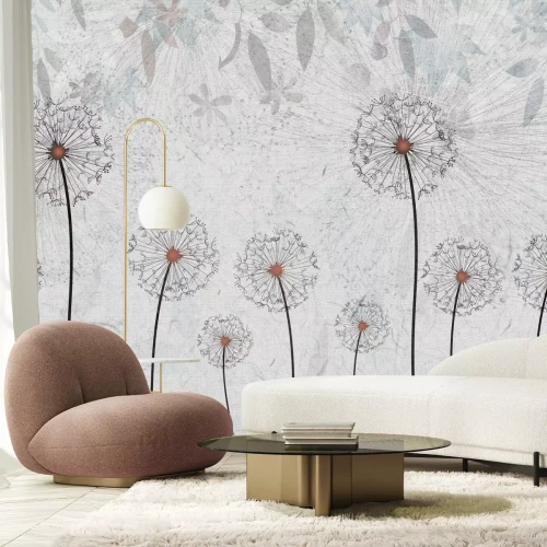 Fotobehang Abstracte paardenbloemen op een grijze achtergrond met een delicate textuur, moderne stijl.