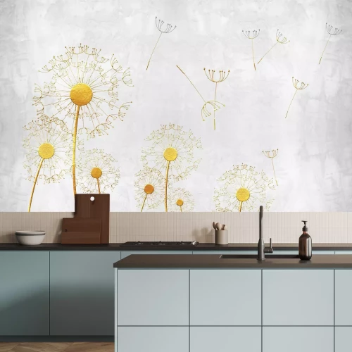 Fotobehang Paardenbloembloemen op een abstract minimalistisch patroon met een betonnen textuur als achtergrond