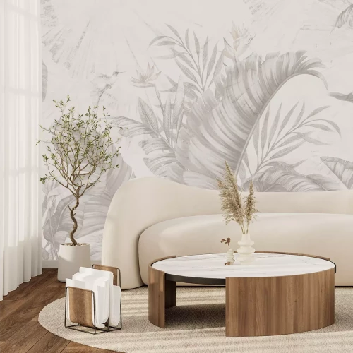 Fotobehang Tropische bananenbladeren en een exotisch strelitzia-plantenpatroon in monochrome kleuren