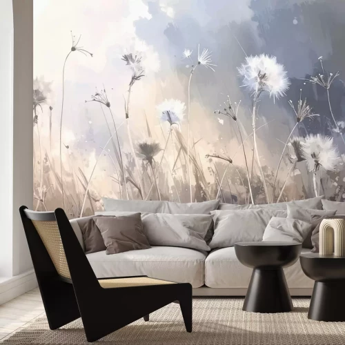 Fotobehang Veldgrassen en planten in een schilderachtig landschap tegen een wazige achtergrond