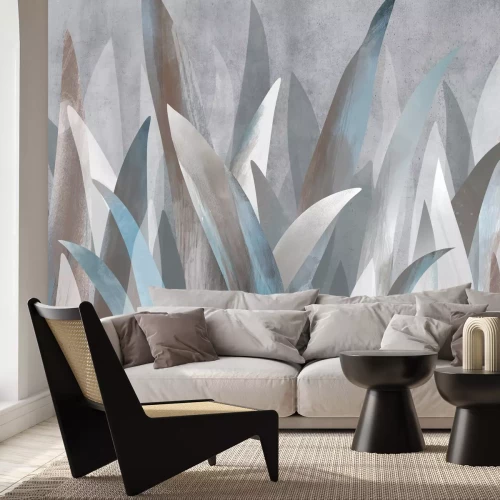 Fotobehang Tropische bladeren op een betonnen textuurachtergrond in een abstracte stijl.