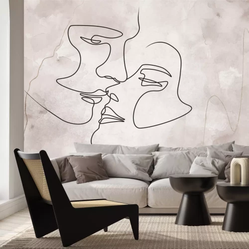 Fotobehang Minimalistische liefdeskusgrafiek in lijn- en aquarelstijl