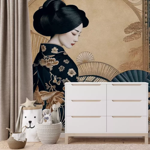 Fotobehang Portret van een geisha in een Japanse kimono tegen een gouden achtergrond