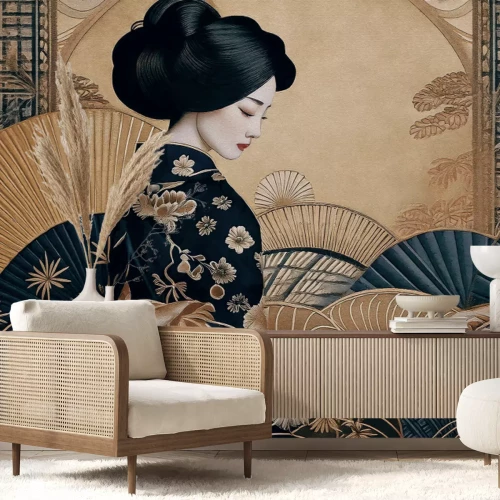 Fotobehang Portret van een geisha in een Japanse kimono tegen een gouden achtergrond