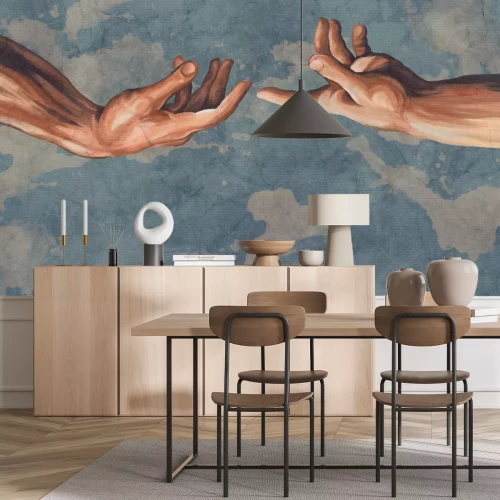 Fotobehang Menselijke handen op een abstracte hemelachtergrond