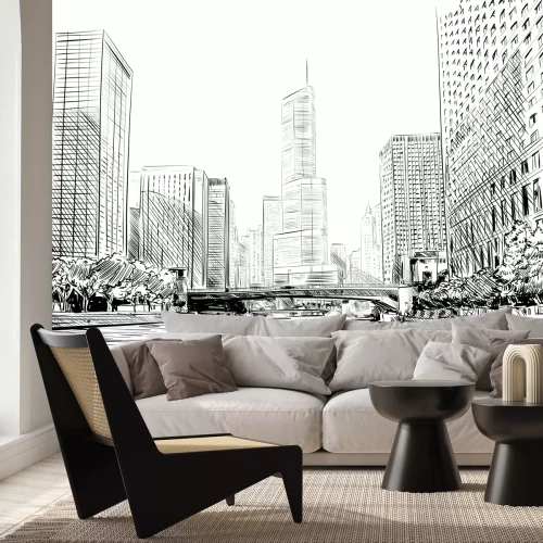 Fotobehang Zwart-wit tekening van de skyline van Chicago met wolkenkrabbers en rivier