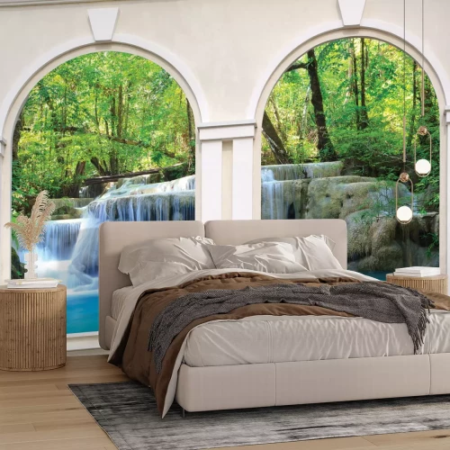 Fotobehang Uitzicht op de waterval door de architectonische ramen