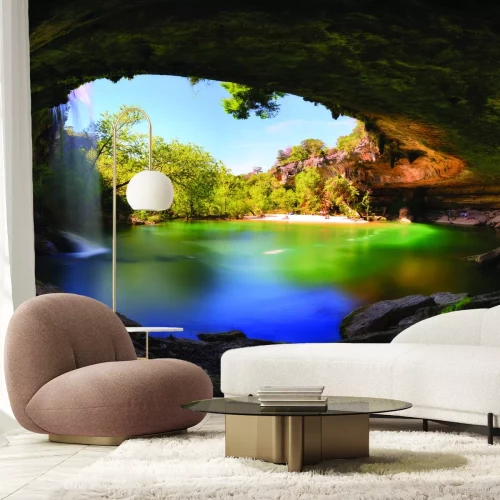 Fotobehang Meerlandschap met strand en waterval